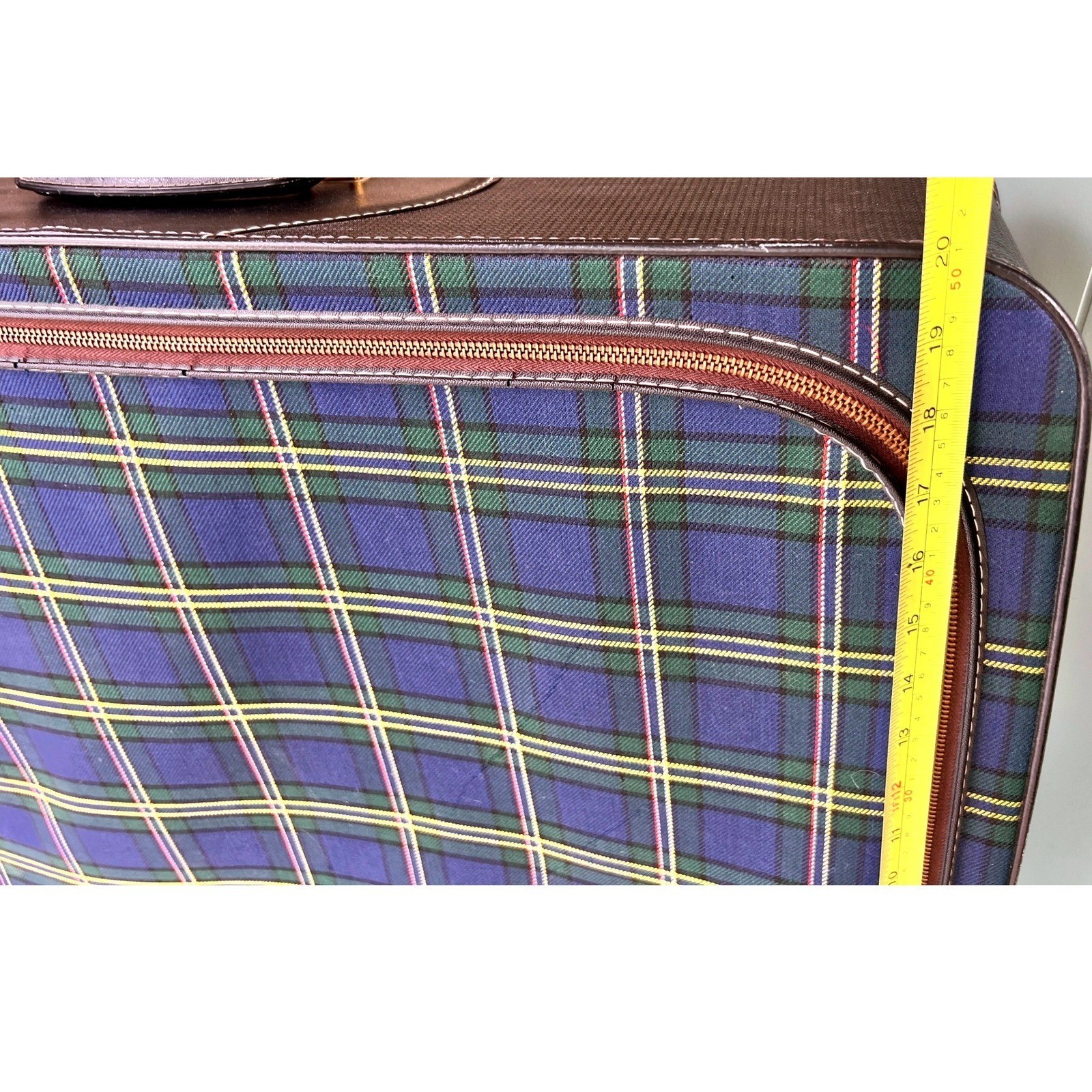 Vintage Leeds Plaid Suitcase Blue Green Soft Sided Luggage Retro Travel Bag