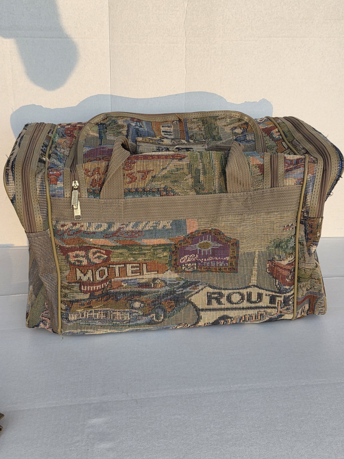 Vintage Pioneer Express Weekend Bag Route 66 Tapestry Duffel Carry On Travel.