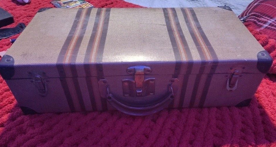 Brown/Yellow Tweed Double Stripe Vintage Leather Suitcase Luggage 21x14x7