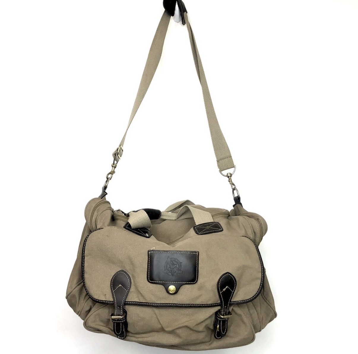 VTG Eddie Bauer Ford Motor Co Tan Canvas Leather Duffle Bag Travel Carry-on 19″