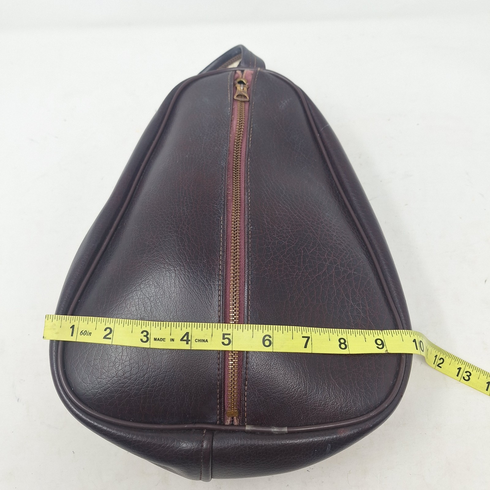 Vintage 60s Brown Leather Teardrop Shaped Unisex Zippered Travel Bag Toiletries
