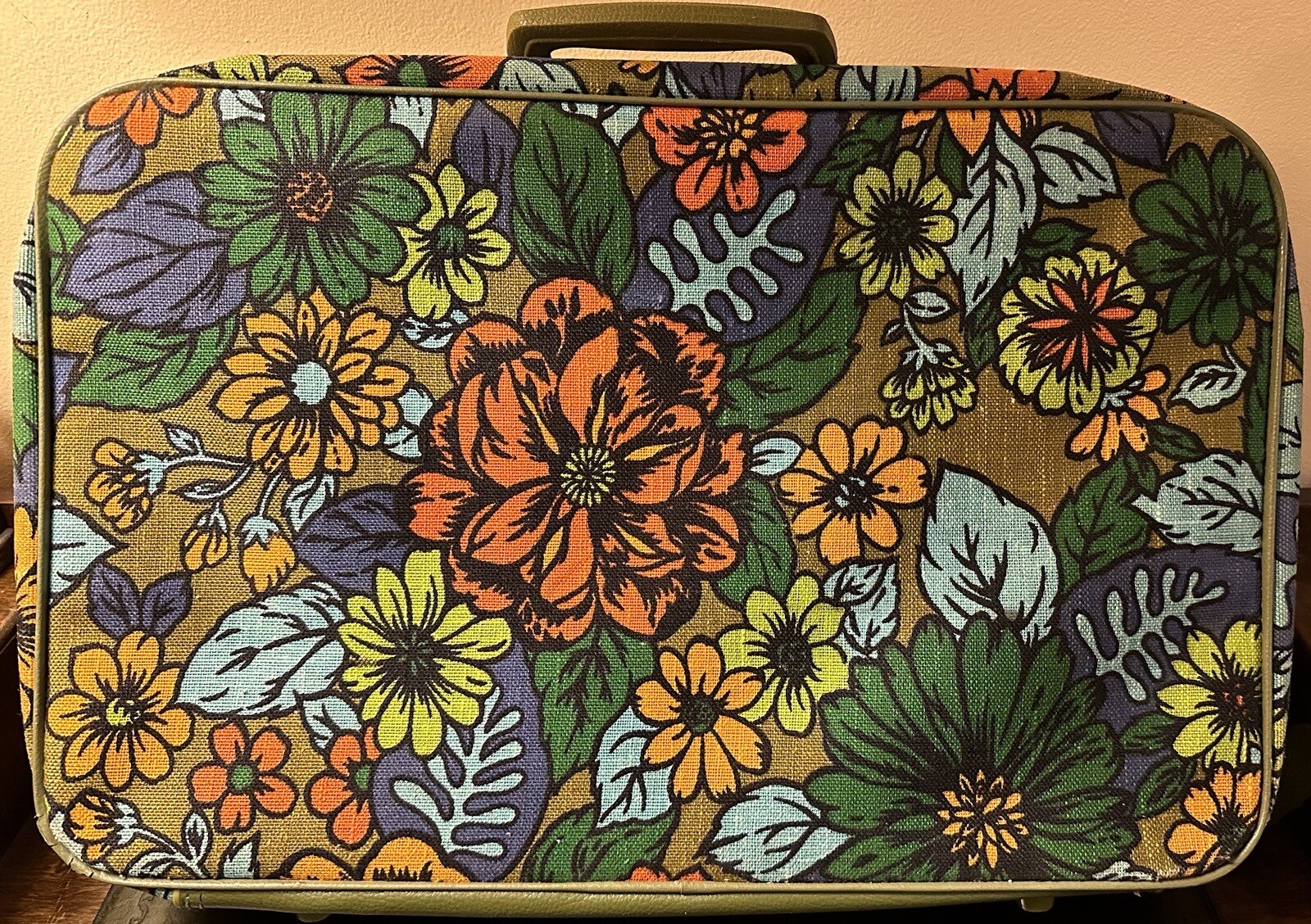 VTG Bantam Fabric Vinyl Suitcase Luggage Retro Floral Green Handle Boho Hippie