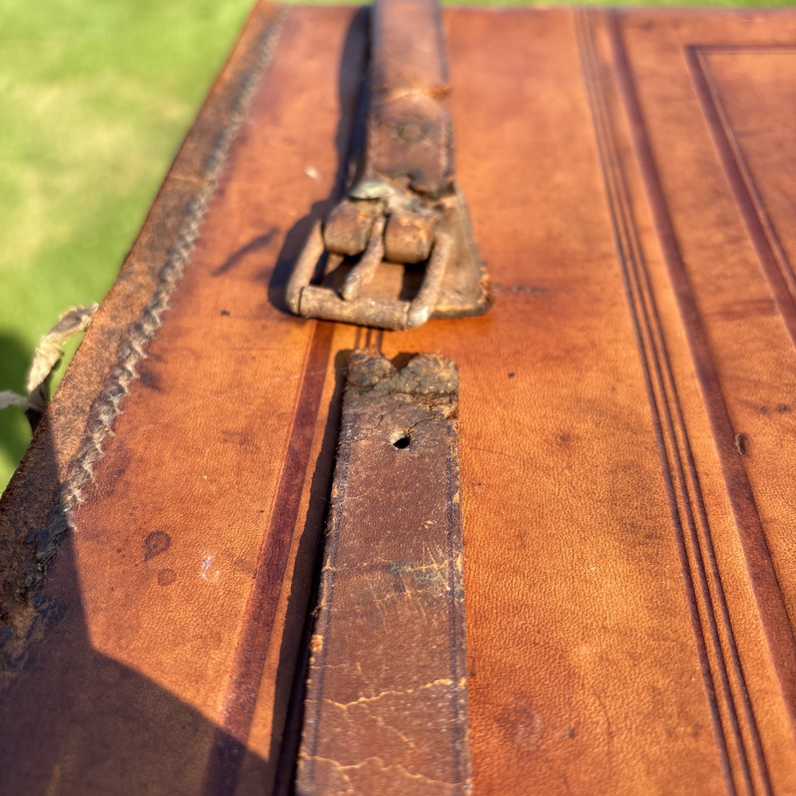 Old World European Antique Tooled Leather Suitcase Luggage 19x11x10 Decor Prop