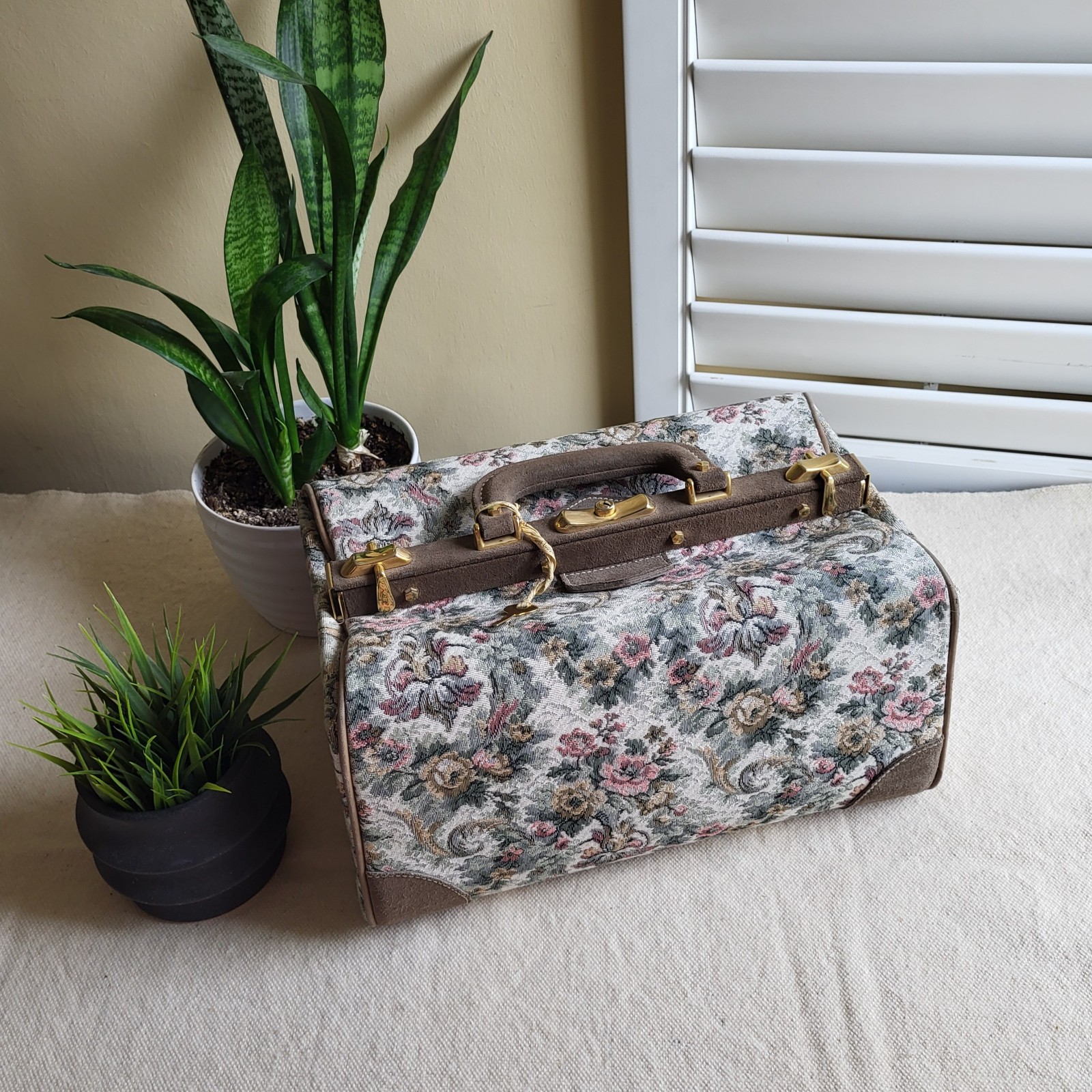 FRENCH LUGGAGE CO California Suitcase Leather and Tapestry Train Case With Key