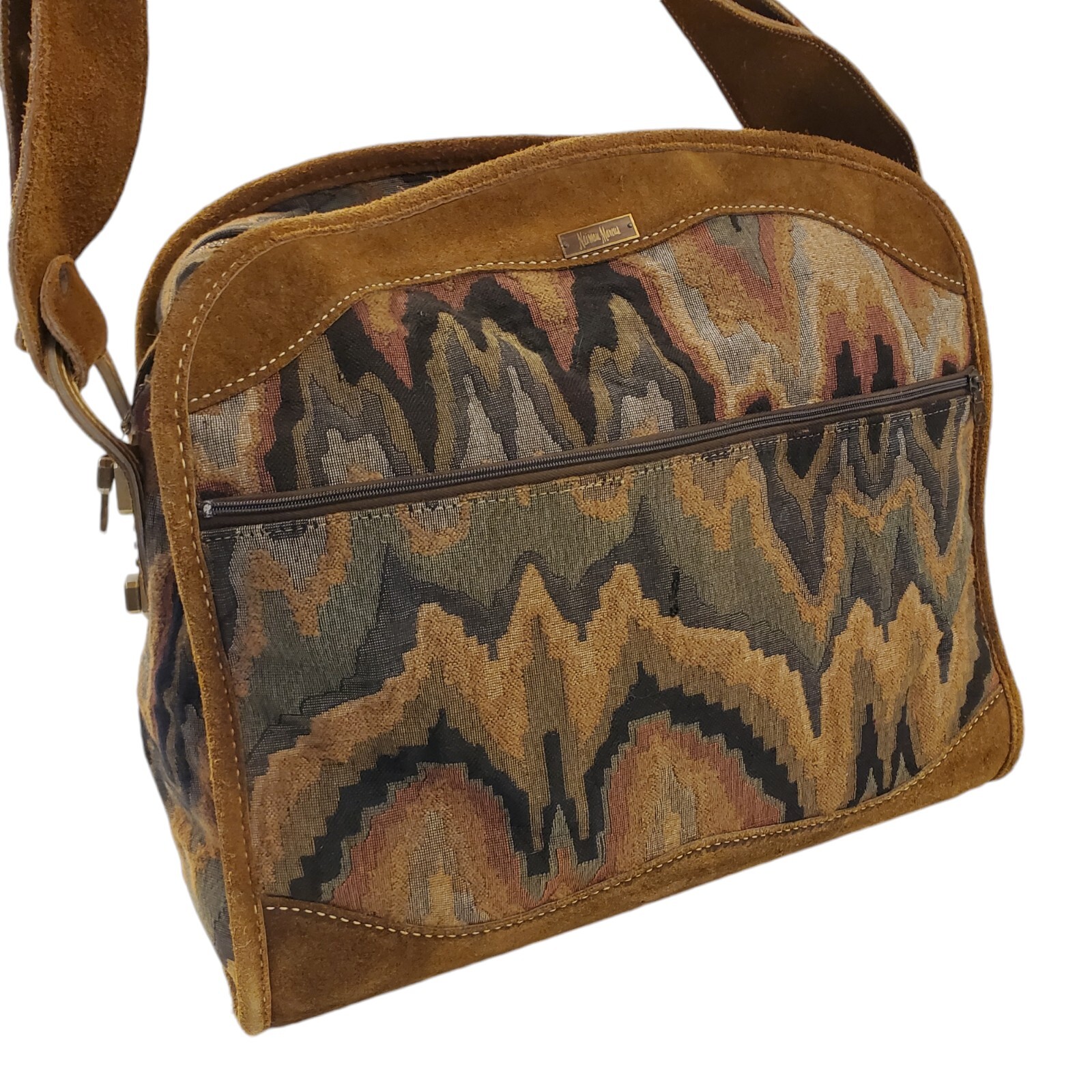 Vintage NEIMAN MARCUS Travel Bag Brown Suede Tapestry Geometric Oversize Padlock