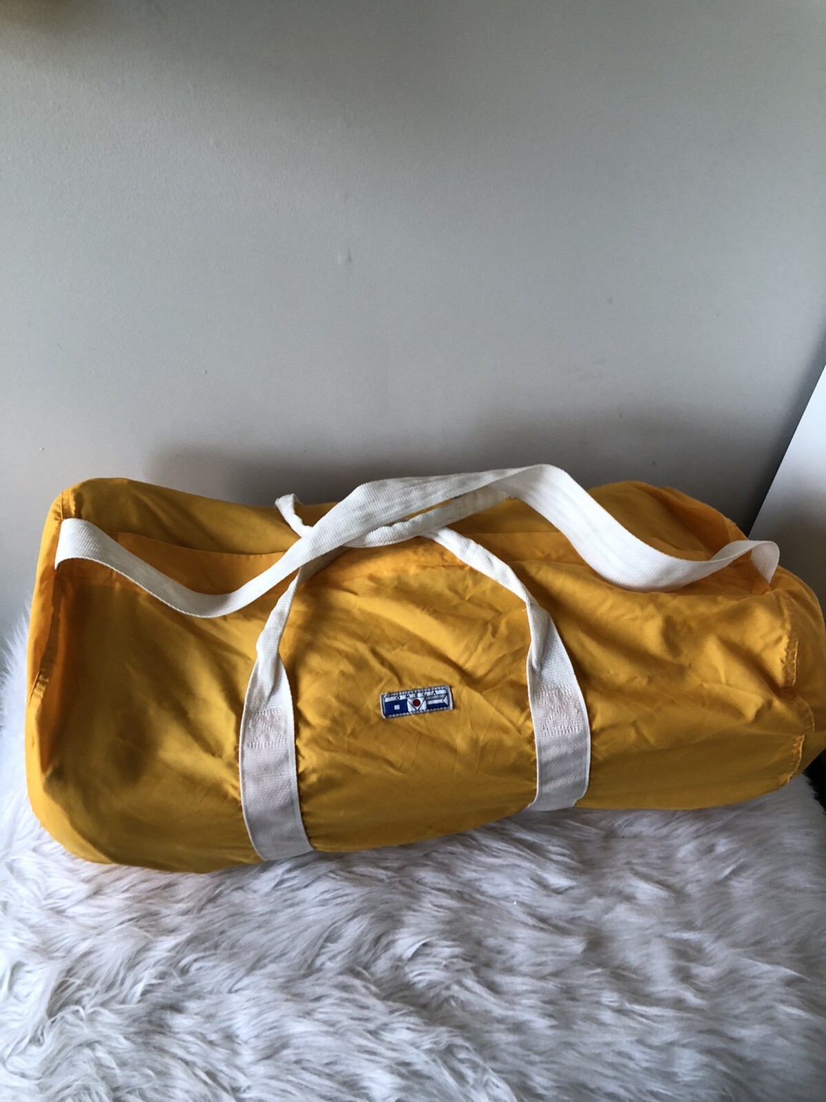 Vintage OMEGA bright Nylon Yellow Duffel Bag w Handles Logo