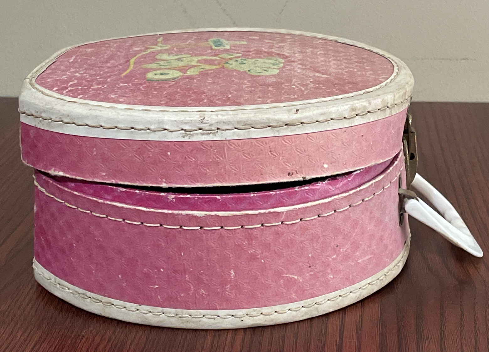 VTG 1950’s Round Pink Child’s Travel Case Bear Going On A Train