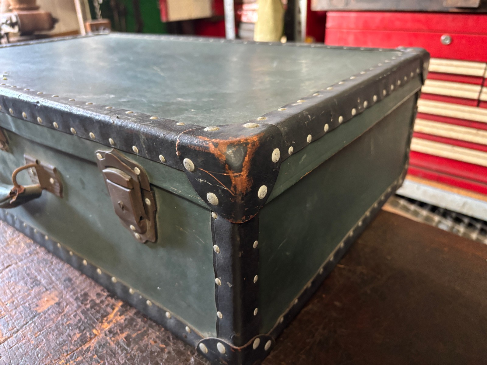 Antique Suitcase Riveted Binding Brass Hardware 1920’s Heritage Green & Black
