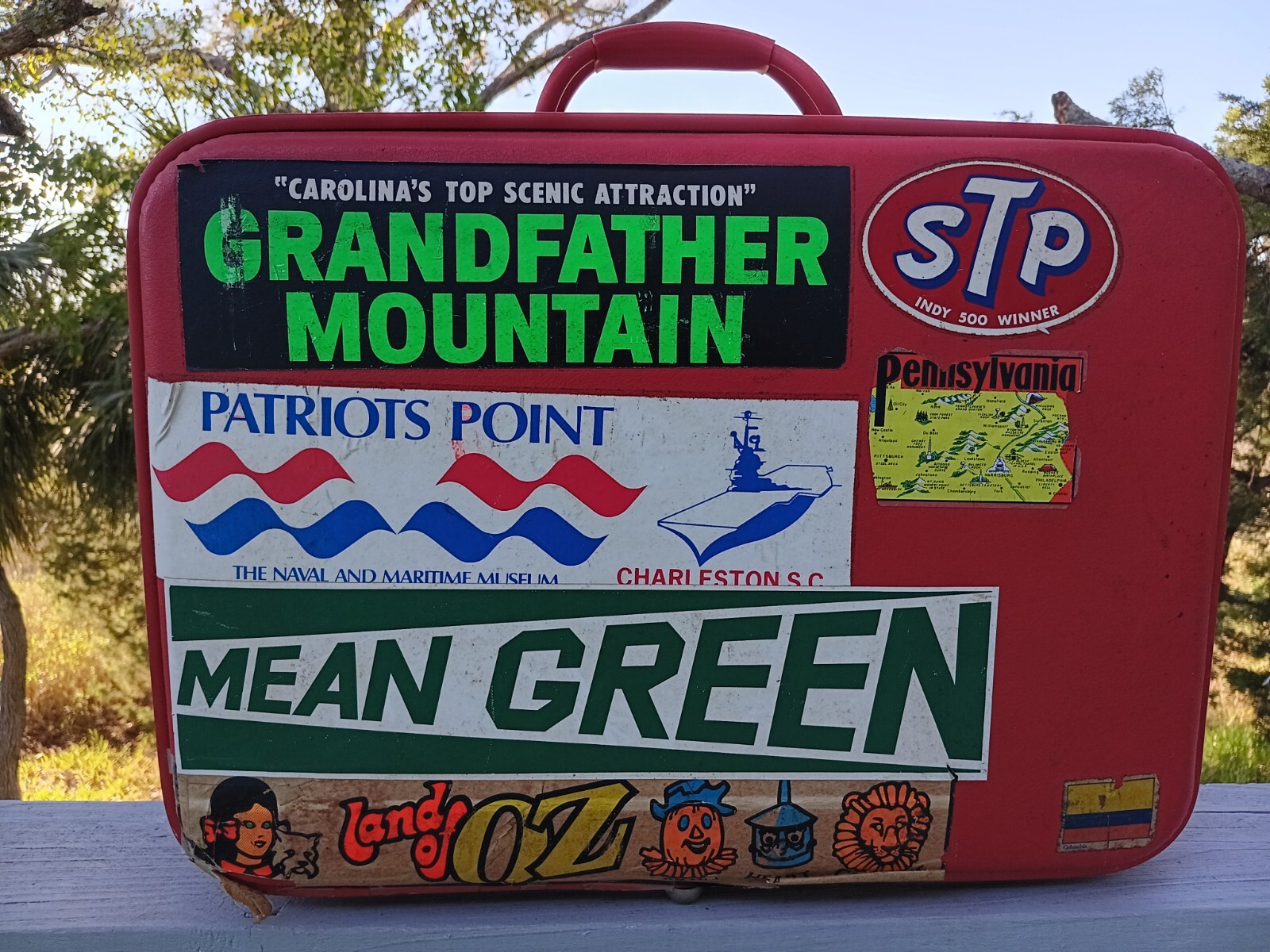 Mid Century MCM Red Suitcase w/ Travel Stickers: Amusement Parks, STP, Wizard Oz