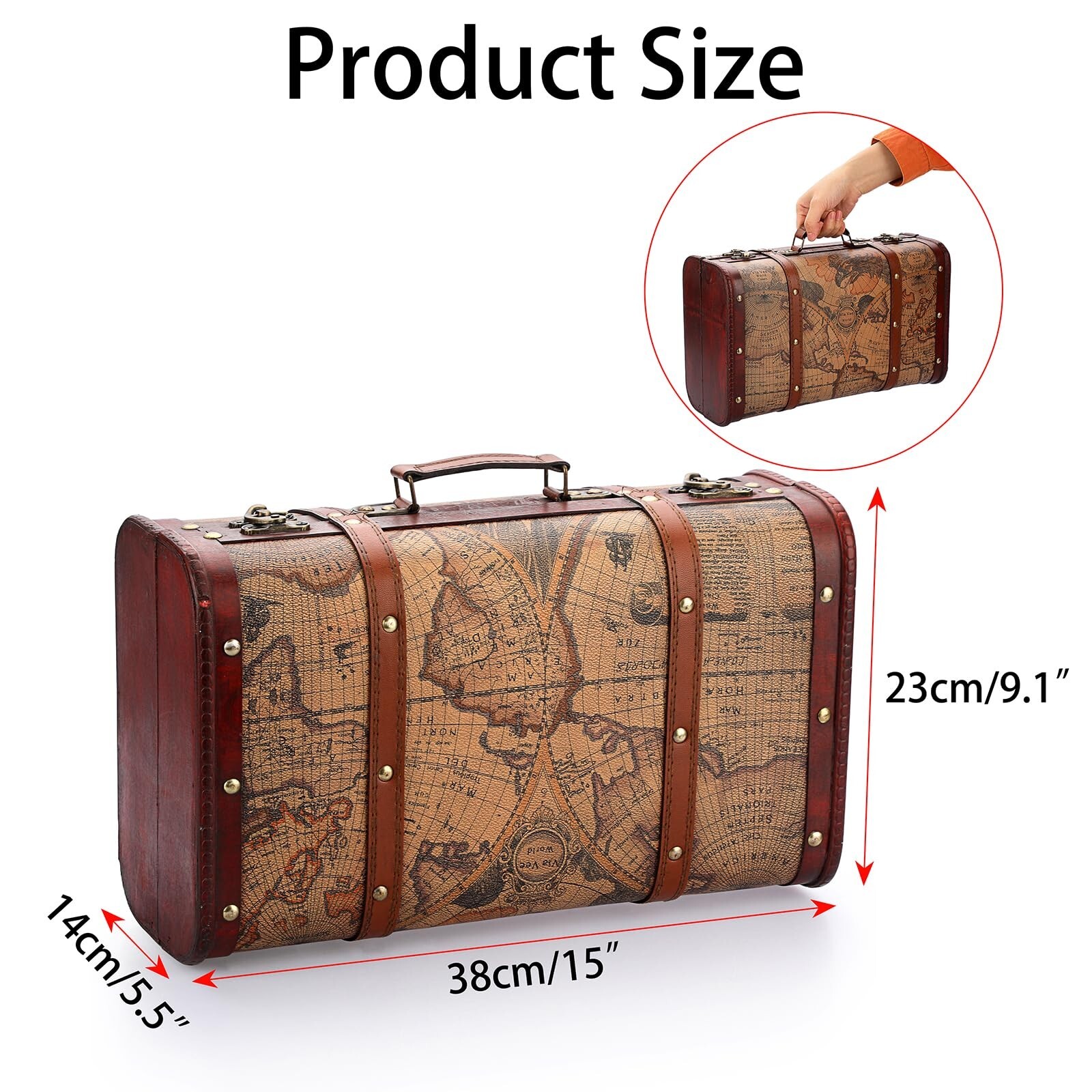 ELLDOO Vintage Wooden Storage Chest, Portable Decorative Luggage Suitcase, Tr…
