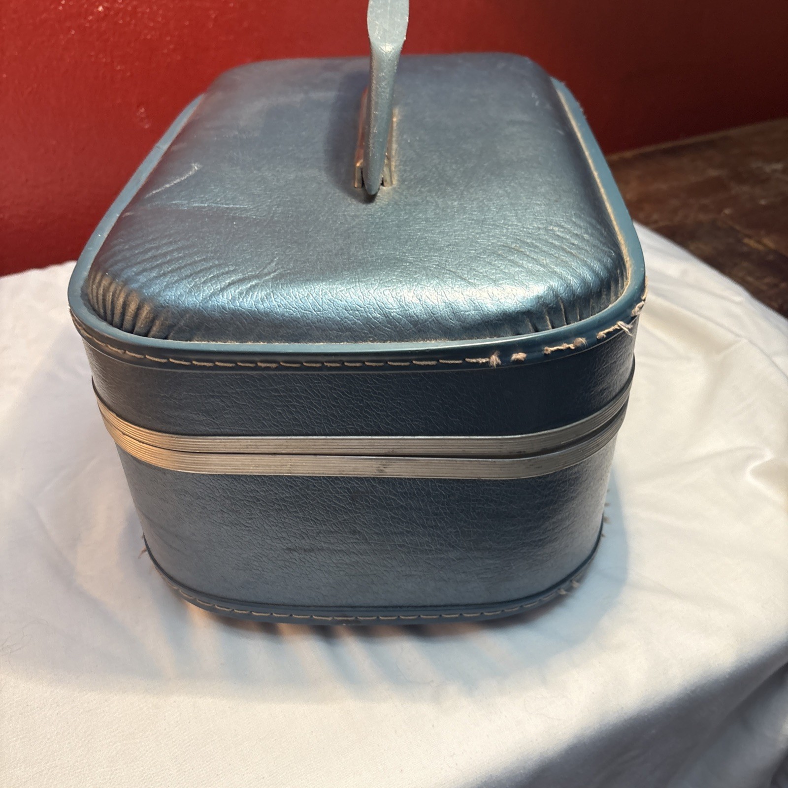 Vintage Toilertry Suitcase Travel Bag Luggage Blue Canvas