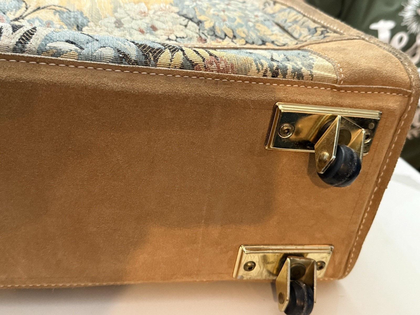 Vintage French Luggage Company Paradise Suede Tapestry suitcase Made in USA