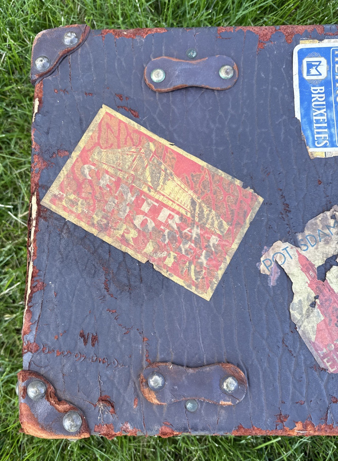 Antique Suitcase Circa 1900-1920 With Original Keys Leather Straps Stickers