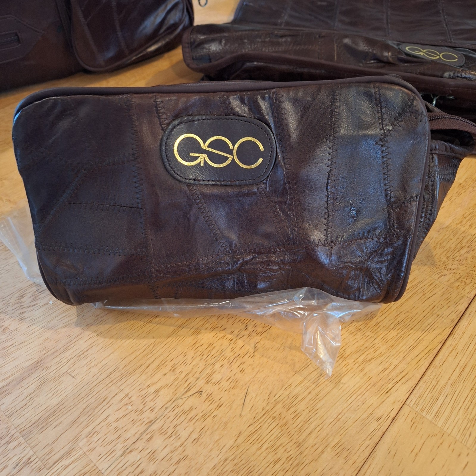 Vintage GSC Brown Patchwork Leather 3 Piece Luggage Set