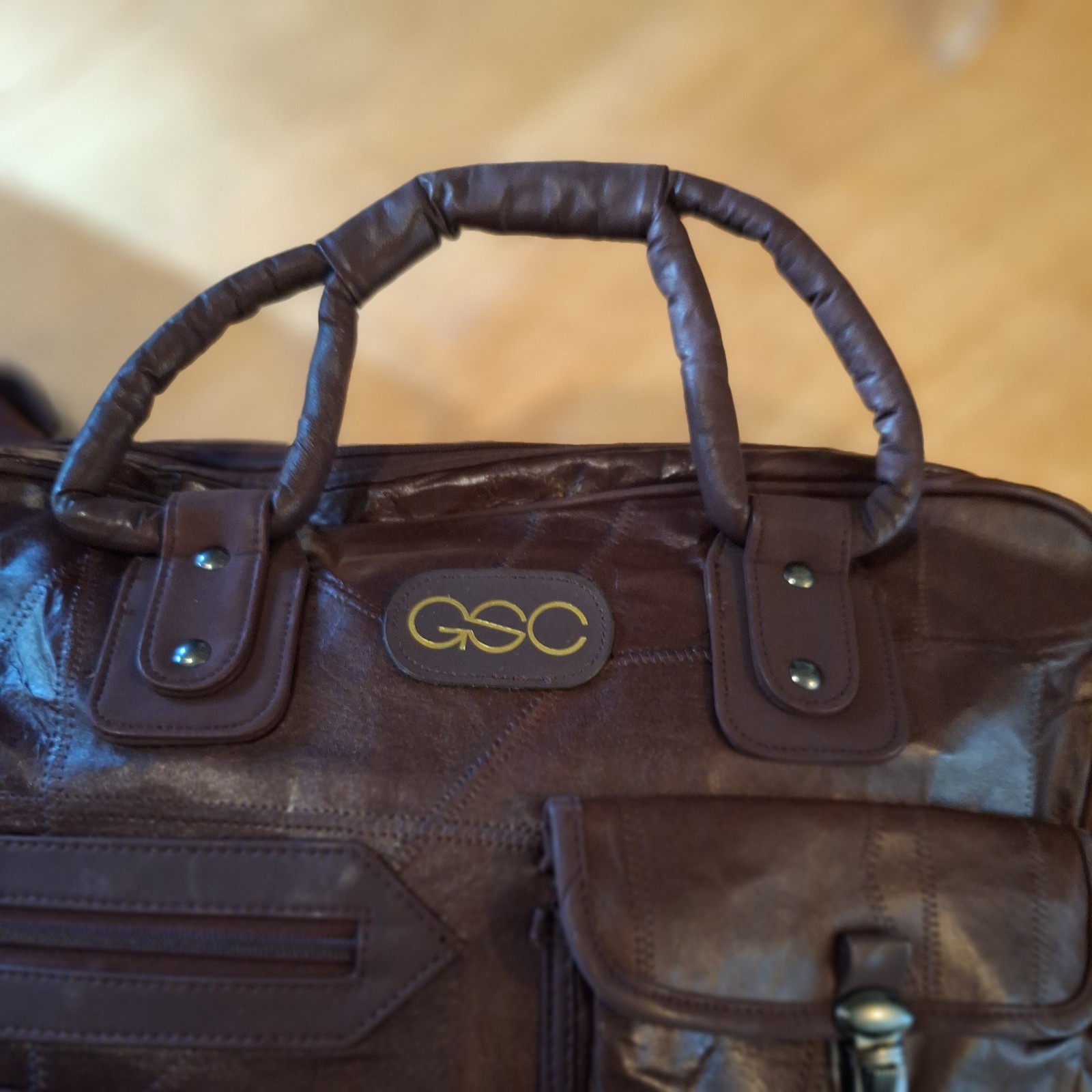 Vintage GSC Brown Patchwork Leather 3 Piece Luggage Set
