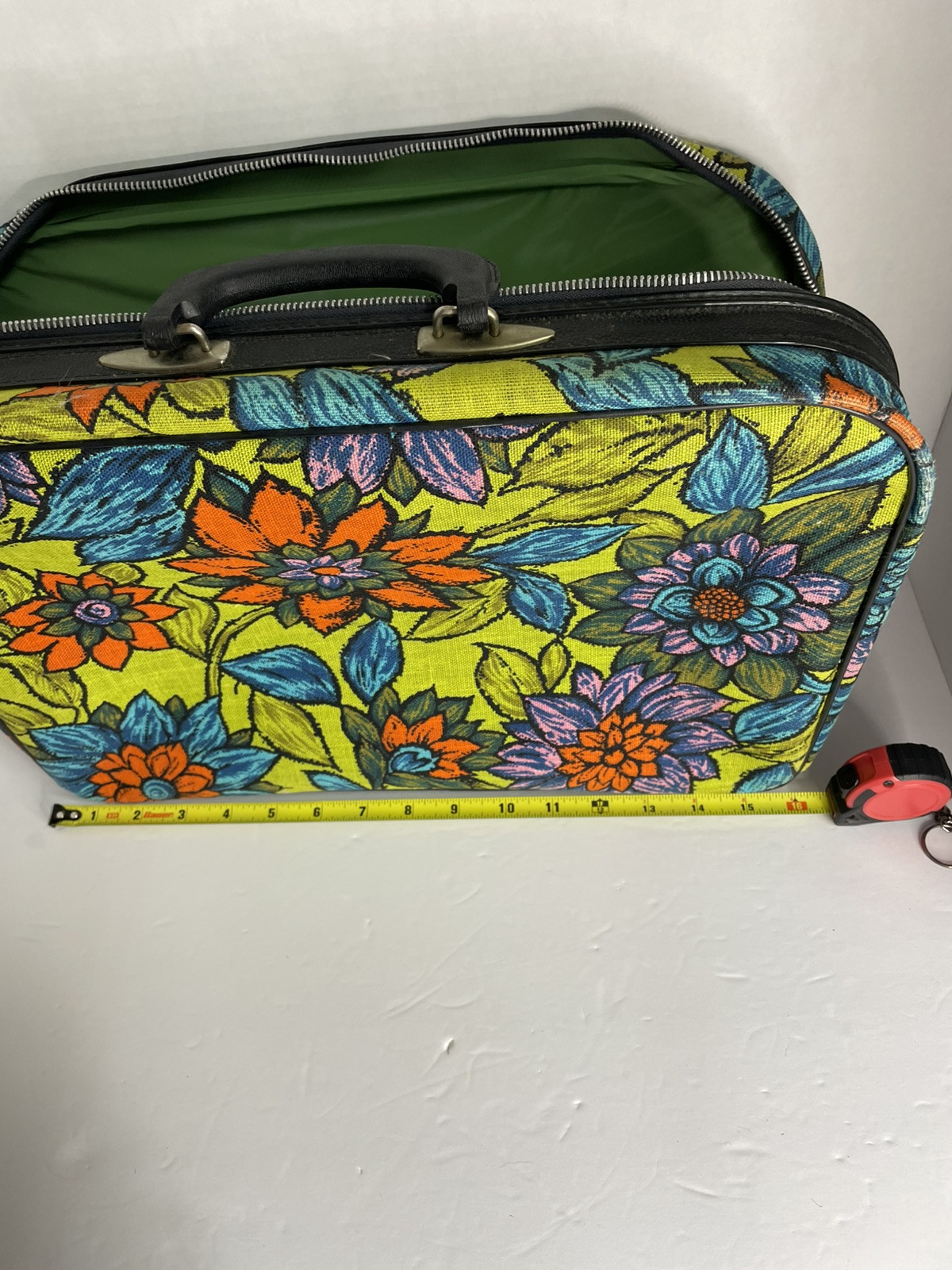 Vintage Suitcase Bantam Flower Luggage Canvas Lock Zipper 1960s 16×11” Retro