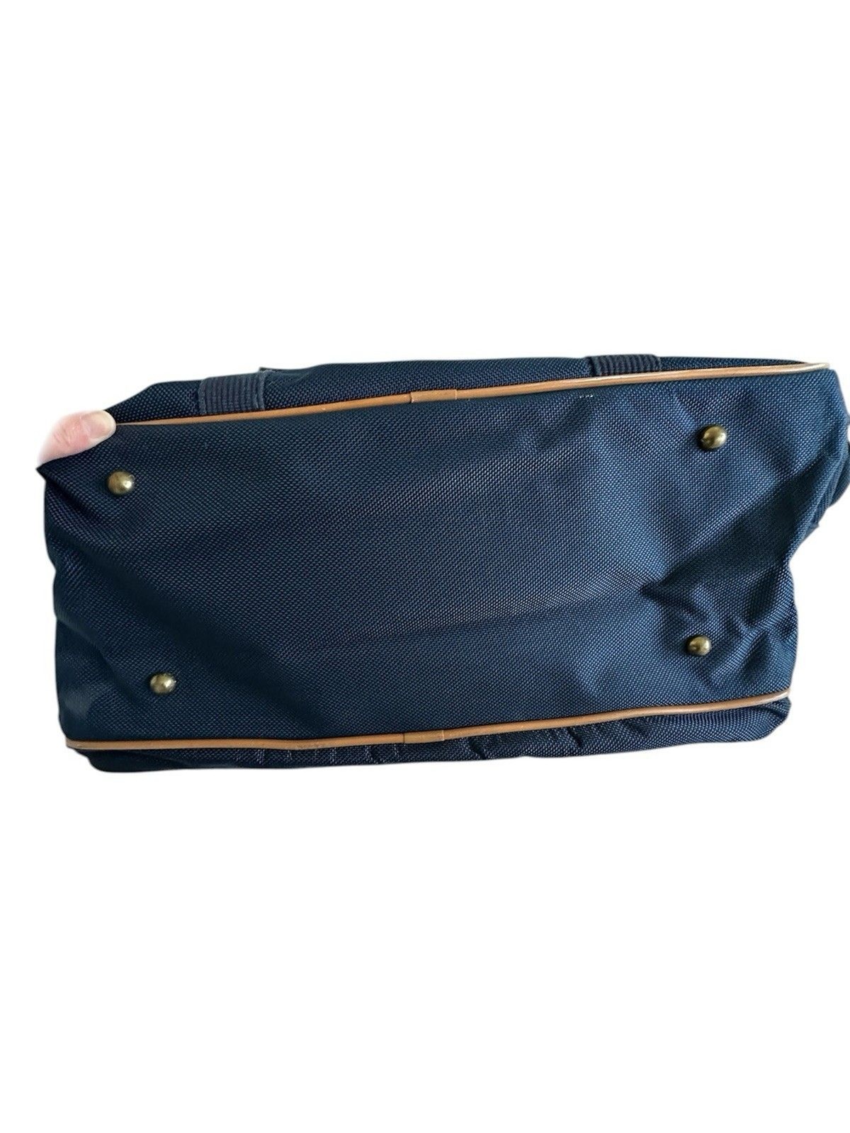 London Fog VTG Navy Canvas Weekender Duffle Bag Big Ben Logo Lining Leather Trim