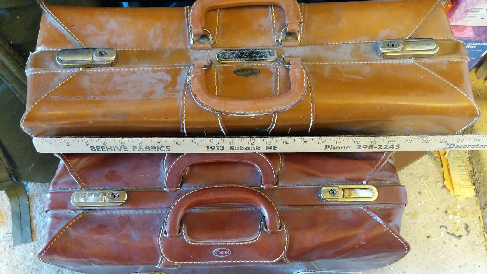 VINTAGE 40-50s TRAVEL TOWNE BROWN LEATHER STITCHED LINED USA MADE 21 X 14 X 7