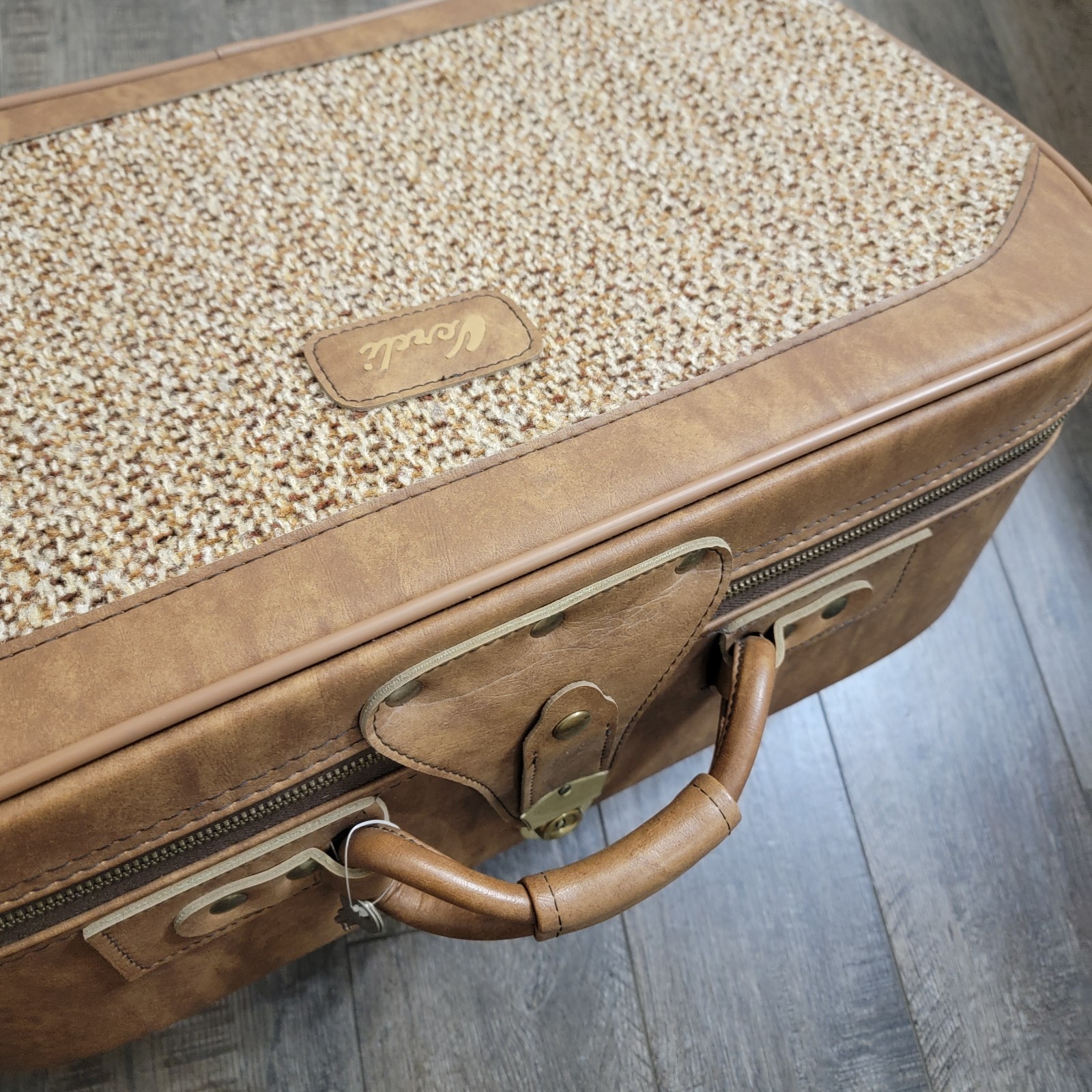 Vintage 70s Verdi Leather Tweed Suitcase Luggage Brown Excellent Condition w/key