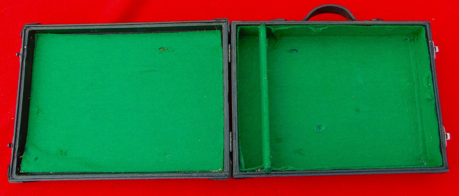 ANTIQUE TRAVEL CASE~WOOD~FAUX LEATHER COVER ~ LEATHER CORNERS & HANDLE~ 10x13x3