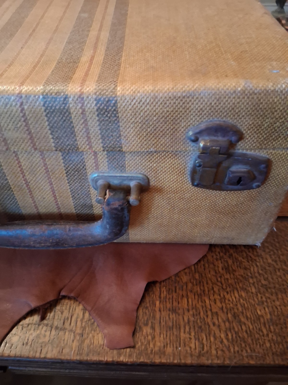 Vintage Travel Train Trunk Suitcase Tweed Striped