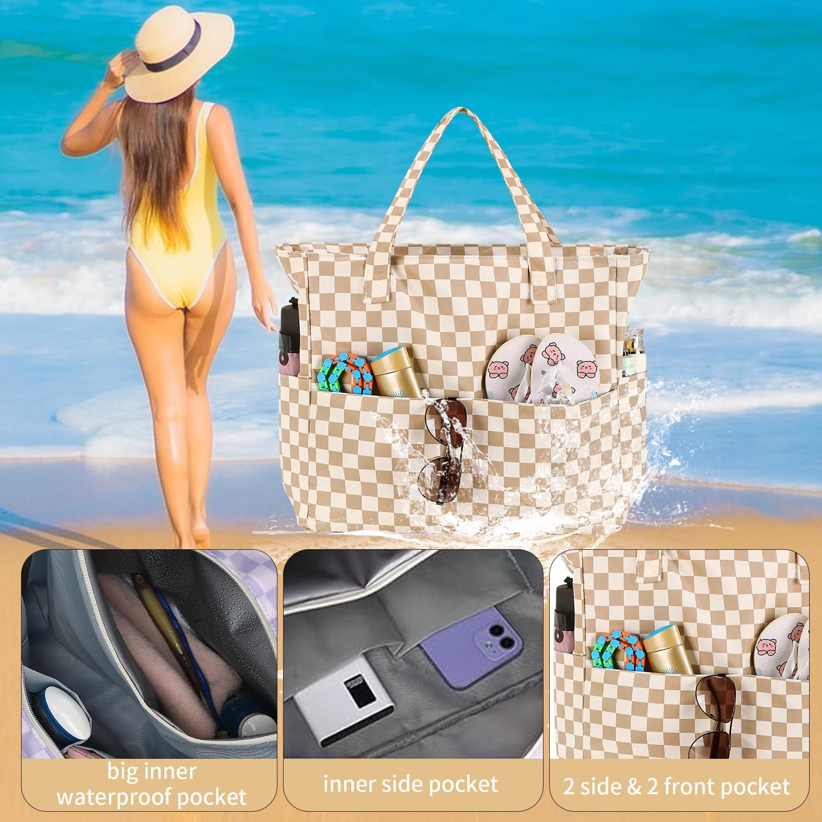 Ledaou Large Beach Tote Bag Women Waterproof Sandproof Zipper Beach Tote Bag