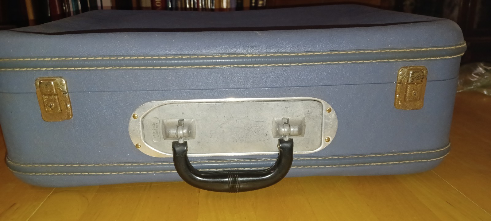 Vintage 1960s Blue Iro-Cast Hard Shell Suitcase Metal Handle Lock Gold Lining