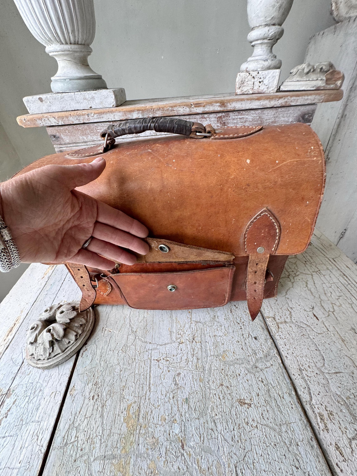 1930’s Vintage Leather Satchel Briefcase Brown Patina Leather School Bag Shabby