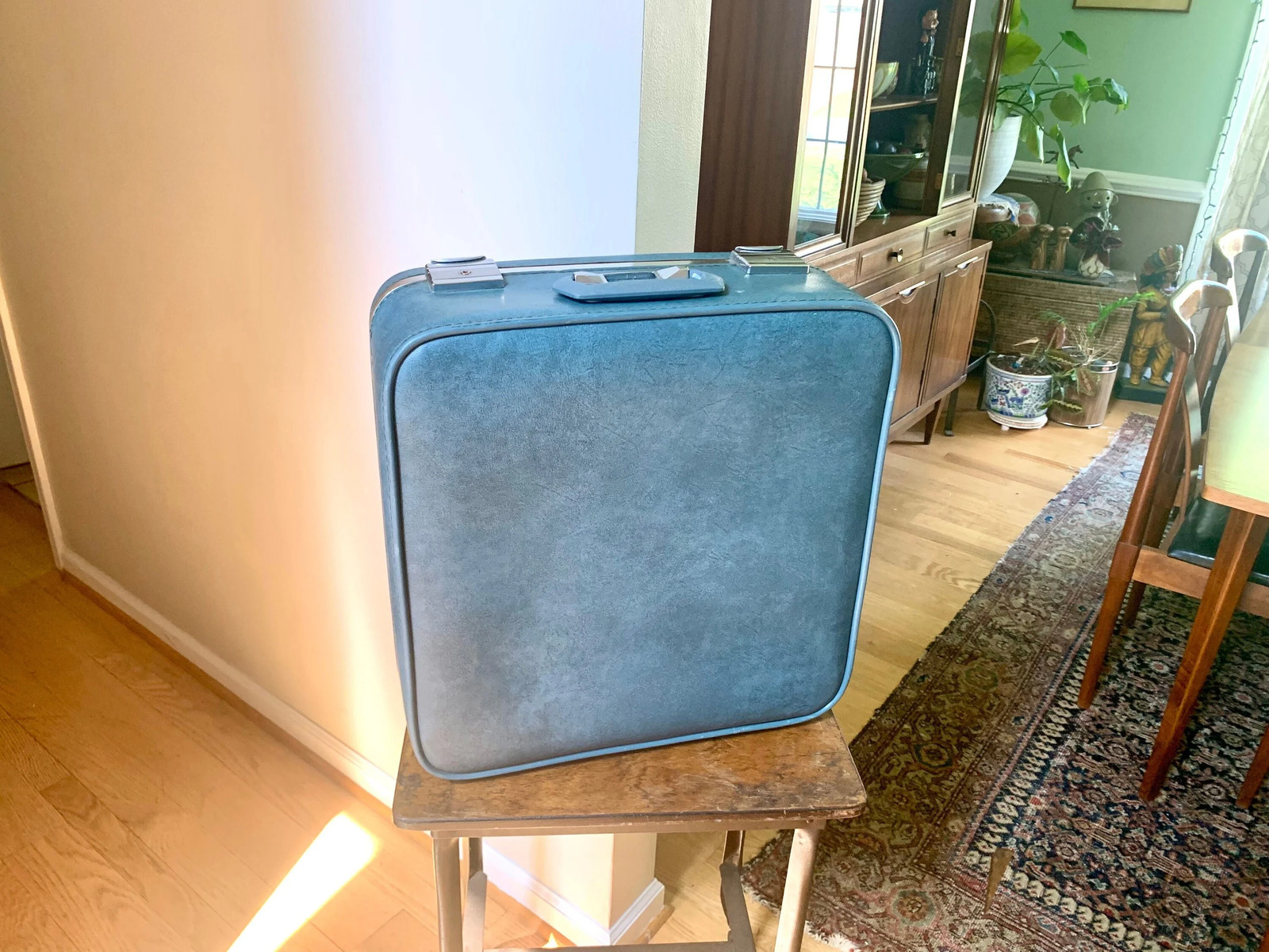 Vtg Square Blue Hardshell Suitcase | Mid Century Skyway Vinyl Travel Case