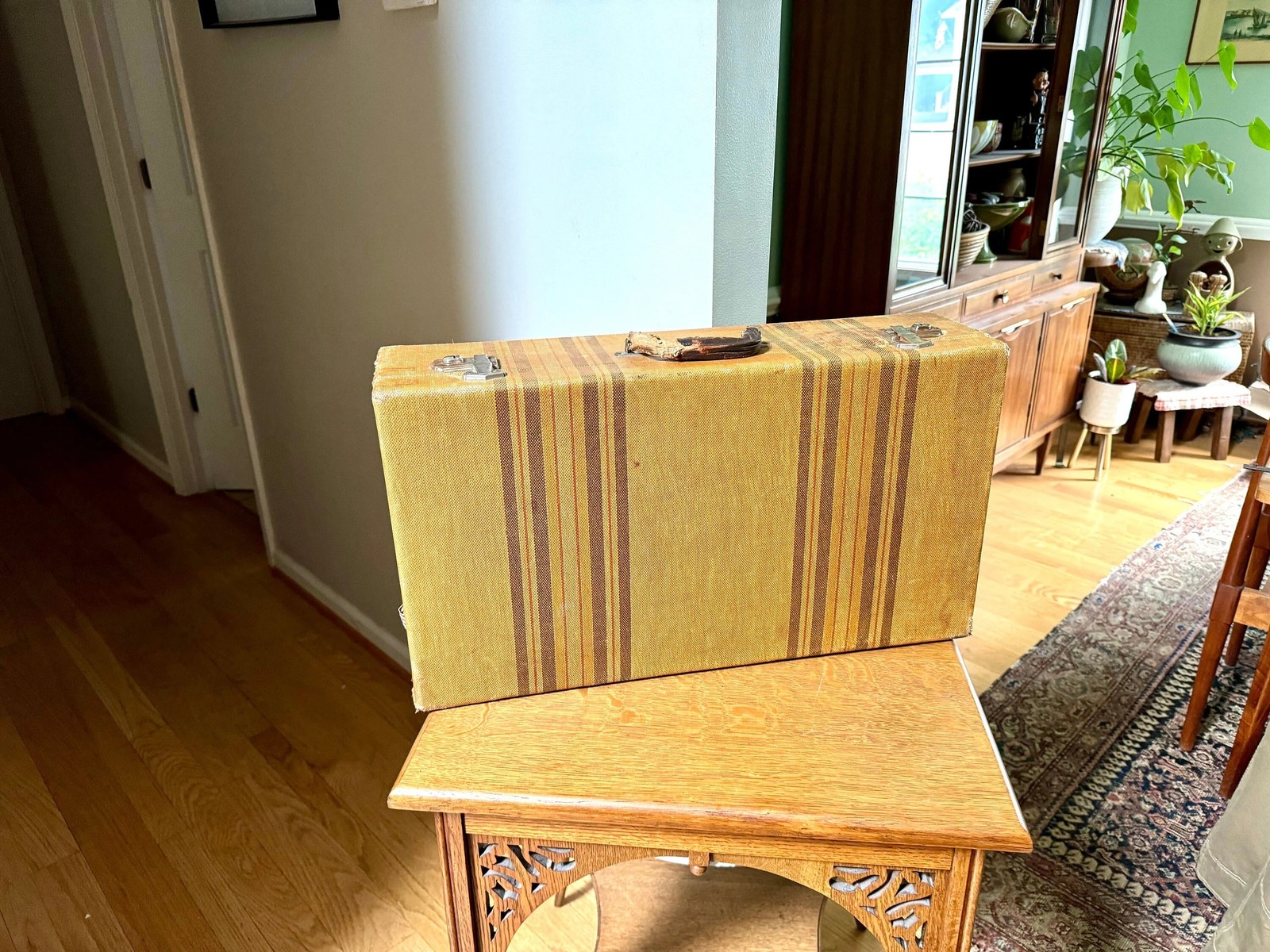 Vtg Wrapped Wood Worn Hardshell Suitcase | Rustic Striped Hardshell Suitcase