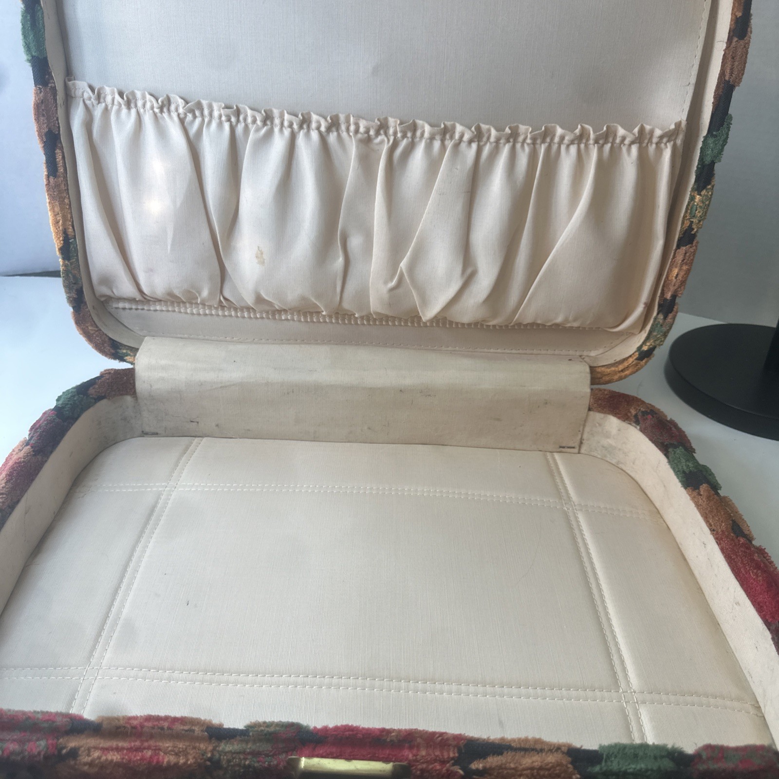Vintage Sm Suitcases/ Vibrant Velour Tapestry,leather straps, brass feet/latch