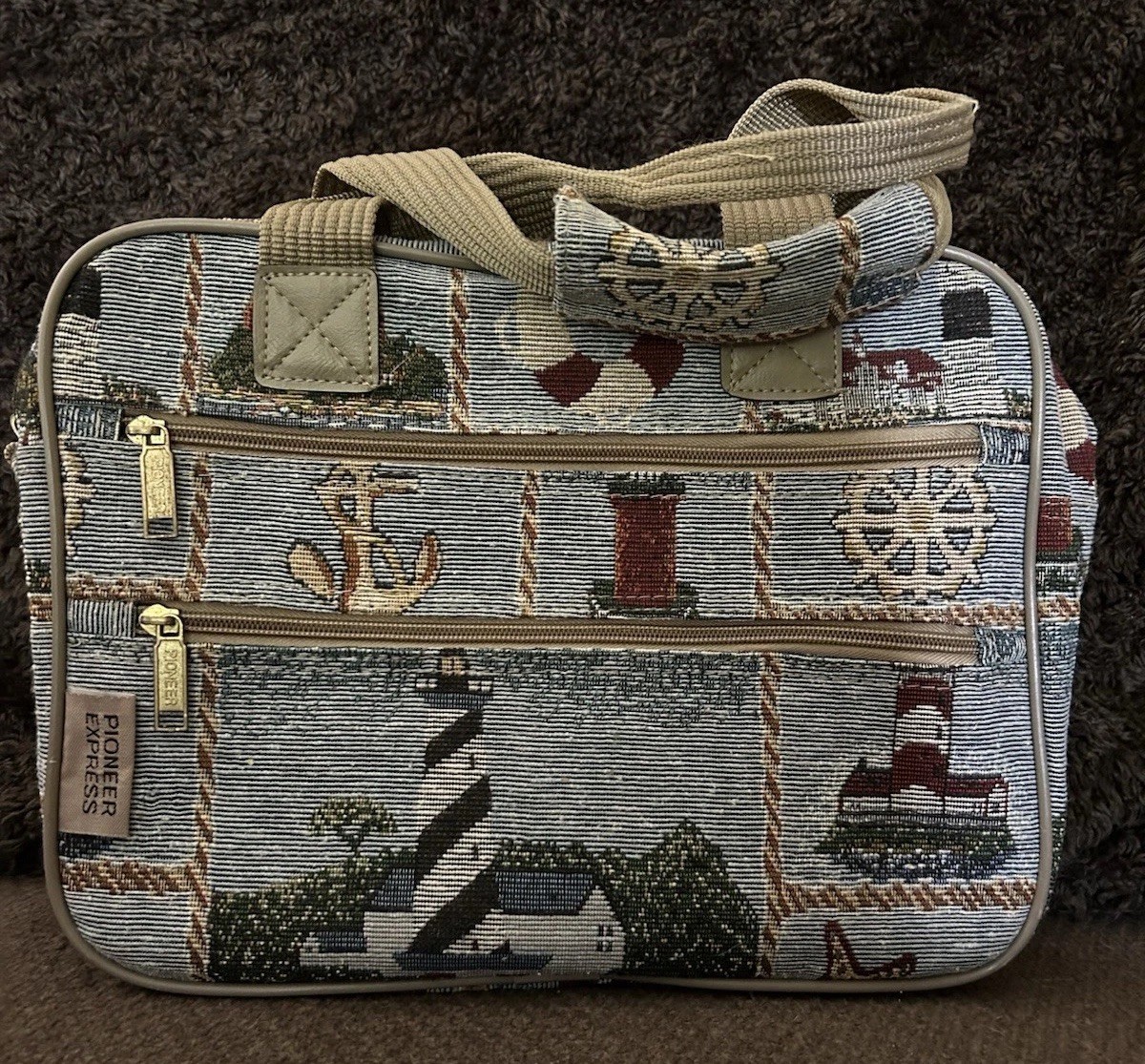 Vtg Pioneer Express Overnight Travel Bag Canvas Nautical Print Lightweight EUC