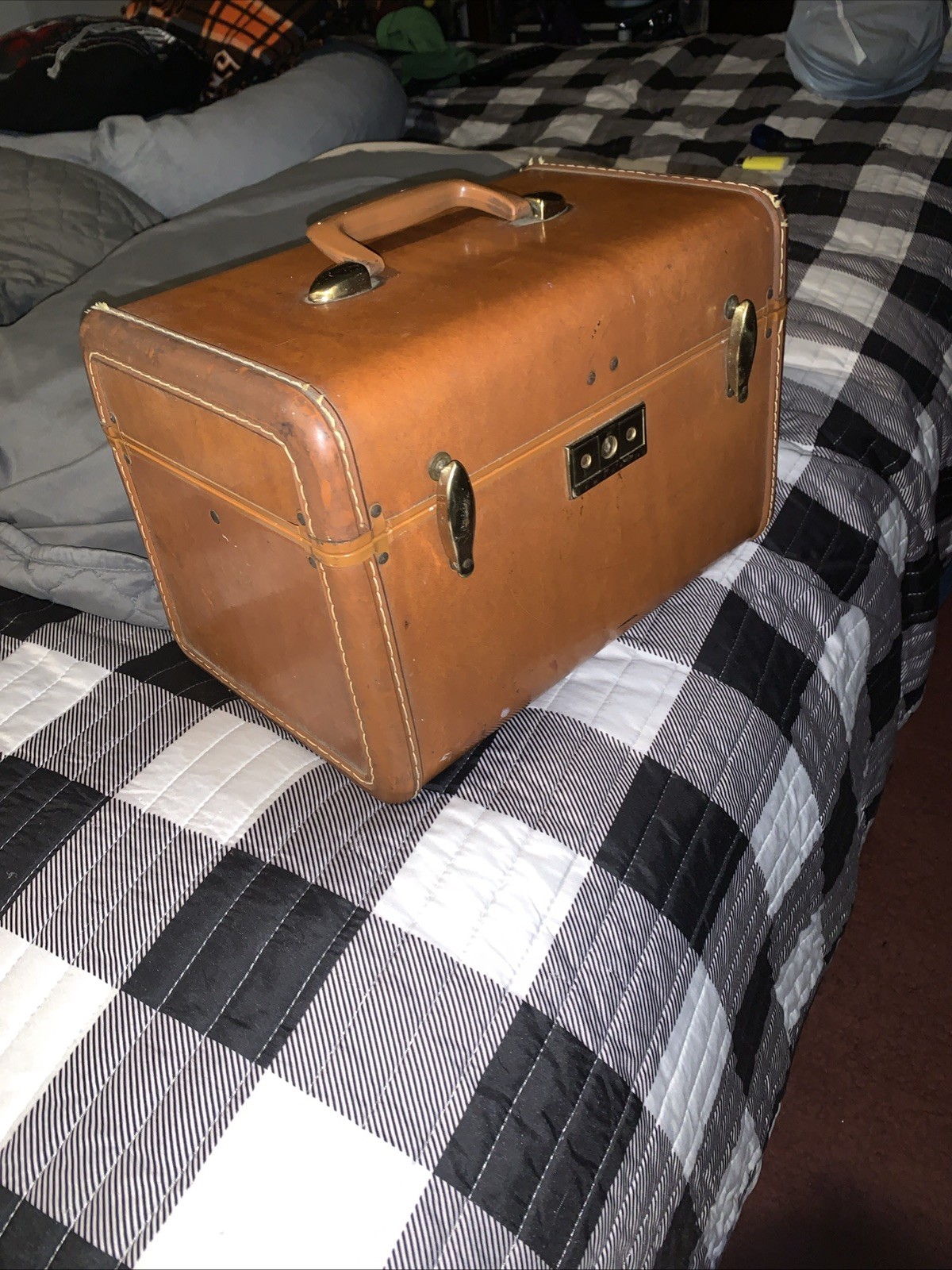 Vintage Samsonite Leather Luggage Train Case Railroad Bag Brown No Key