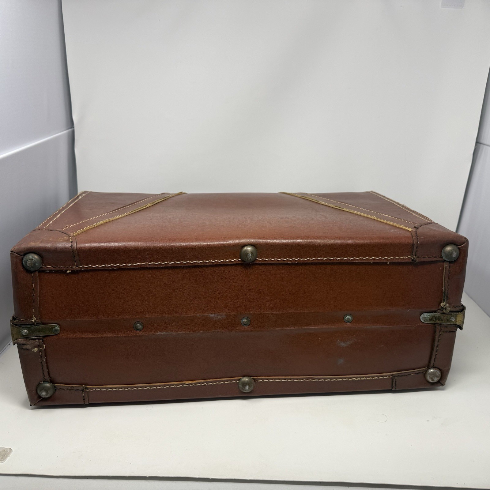 MCM Vtg Suitcase Brown Leather Brass Hardware Stitching 21X14x7 No Key