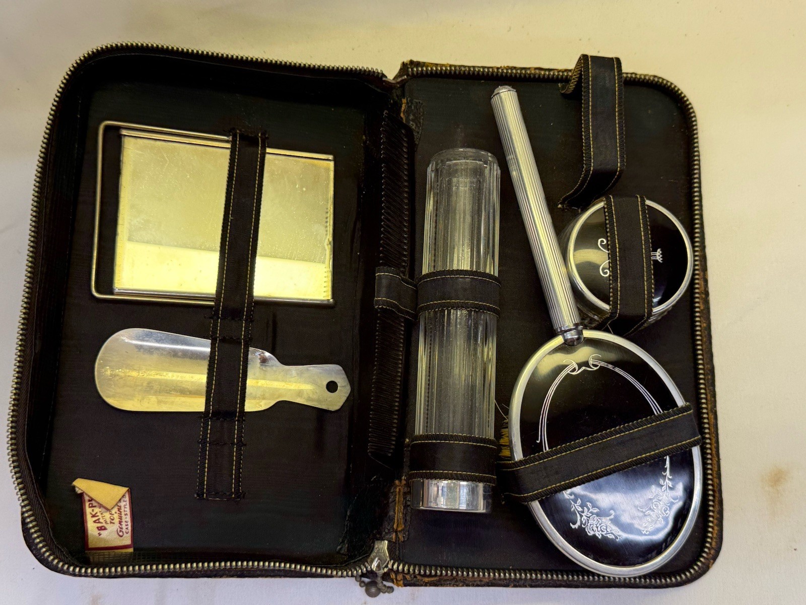 Vtg Bak-Prop Travel Grooming Kit Leather Case Mirror Comb Glass Containers
