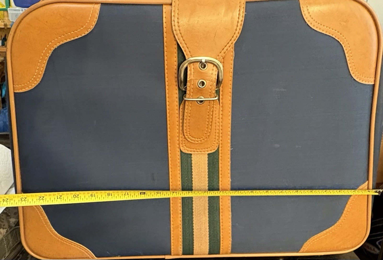 Vtg 1970s Blue F.W. Woolworth New York Green Stripes w/ Leather Handle & Buckle