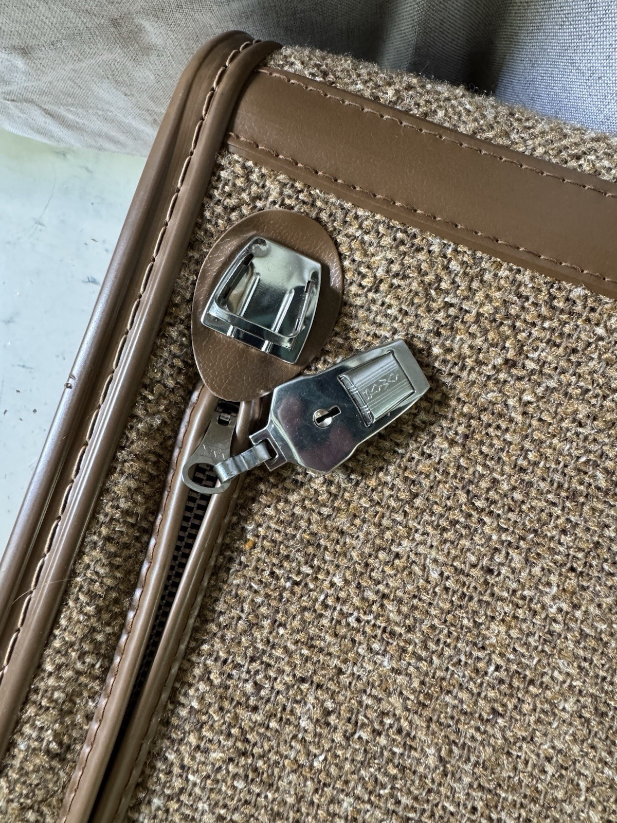 Vintage 1970s Skyway Tweed Luggage Set Brown Textured With Leather Like Trim Key