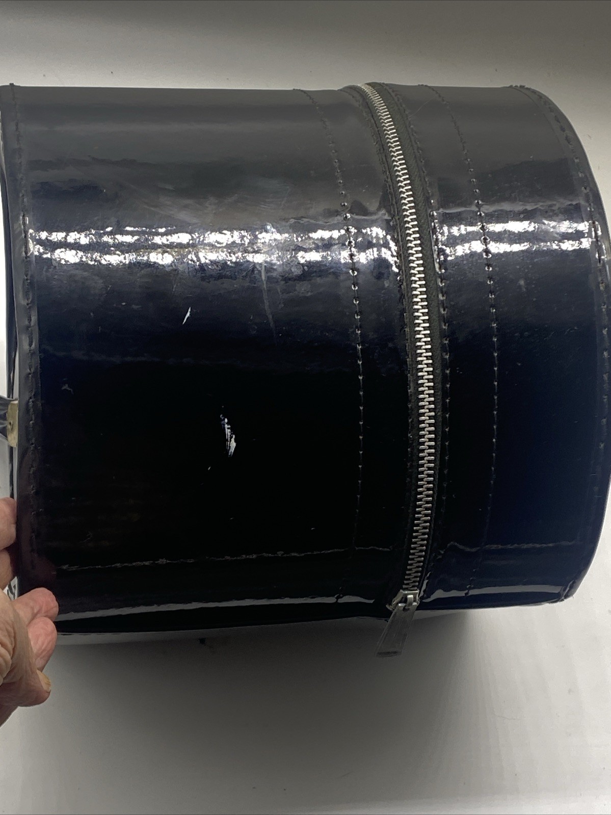 Vintage Black PATENT Wig HAT Box Case With HANDLE Round Set 14’ 9.5’ Set