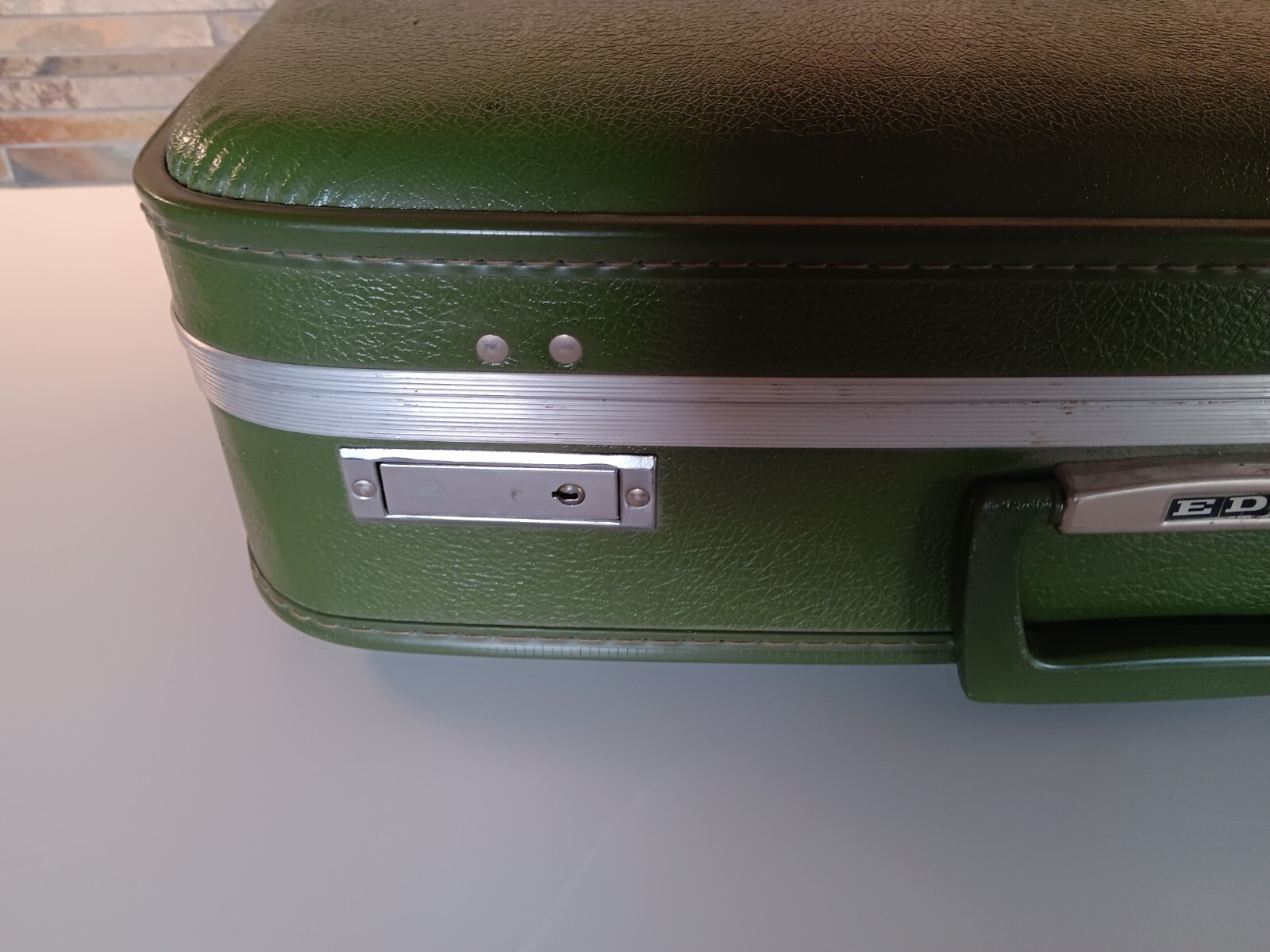 Vintage Avocado Green 2 Piece Nesting Luggage 1960s Hardshell. Initialed EDR.