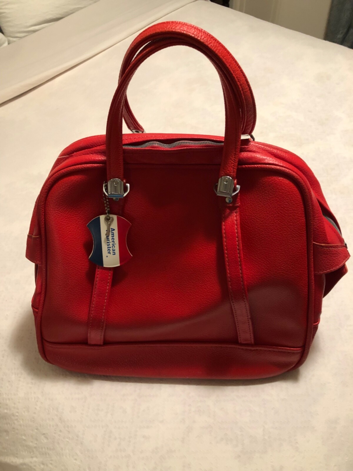 Vintage American Tourister RED Carry On Overnight Luggage Bag w/ Tag, Lock & Key
