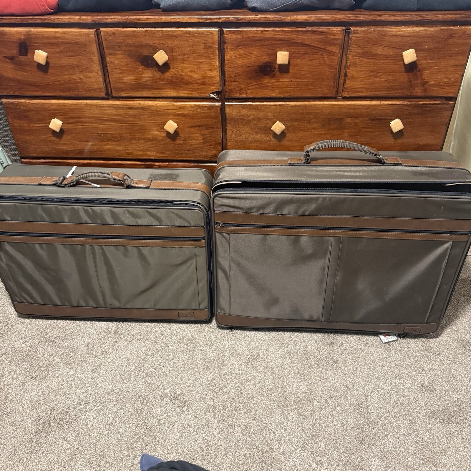 Vintage Canvas Leather Suitcase Set Brown Olive Soft Case Tie-Down Straps