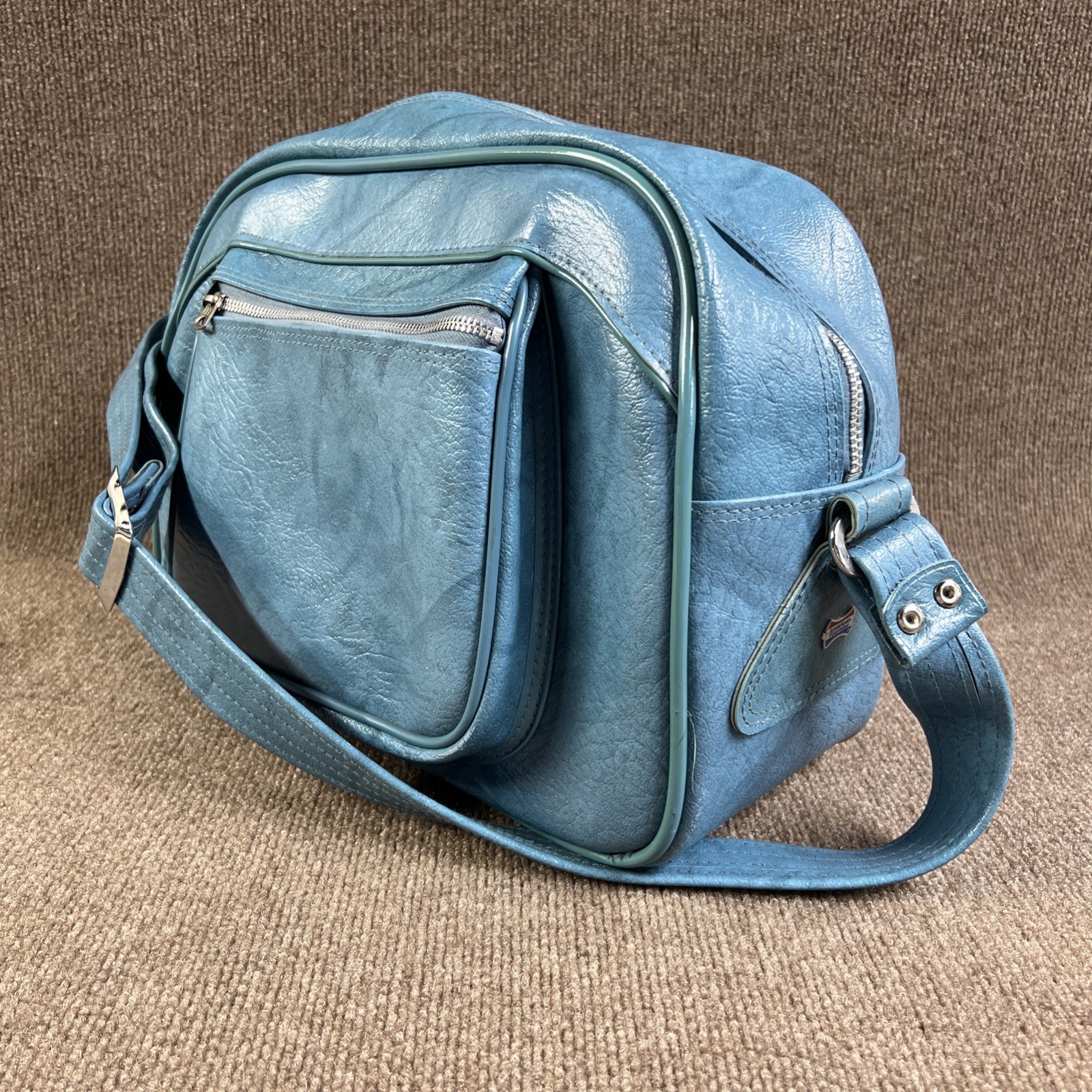 Vintage 70s Blue American Tourister Escort Carry On Crossbody Tote Bag