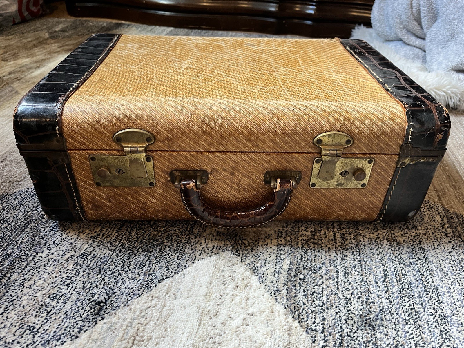 Vintage Hard Case Suitcase with Leather Trim, Locking Clasps, Beige Brown