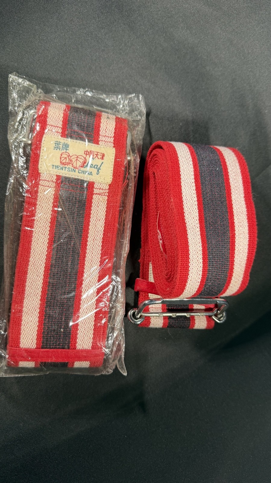 2 Vintage Luggage Straps Gait Belt leaf Tientsin China Red White &Blue 6’8″x2.5″