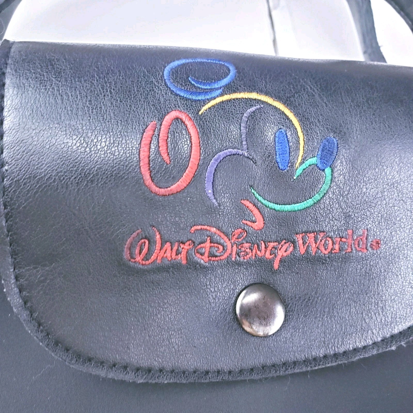 Vtg 90s Disney Bag Embroidered Mickey Leather Nylon Fold Up Travel Tote