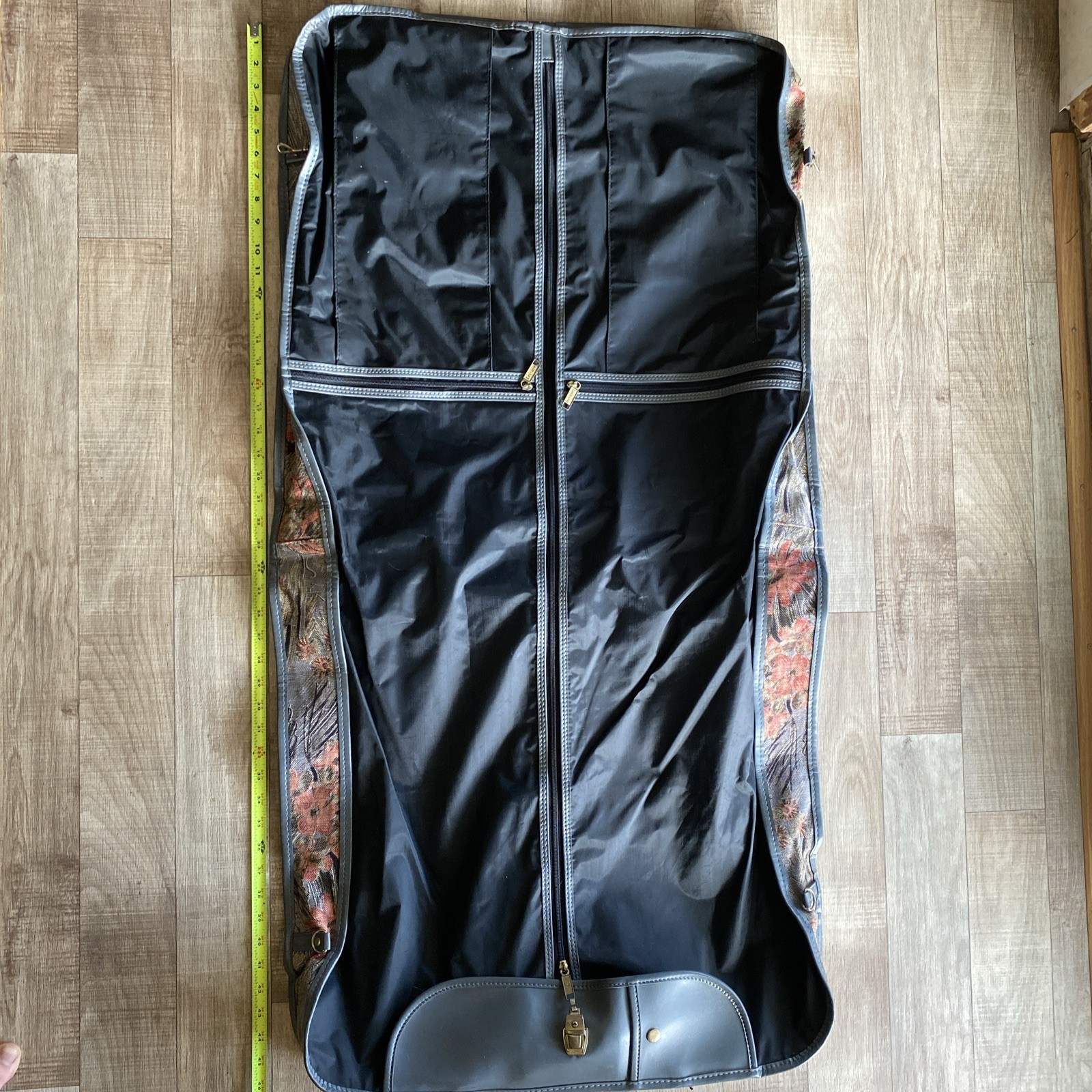 Vintage 80s Leisure Luggage Tapestry Floral & Gray Leather Trim Garment Bag