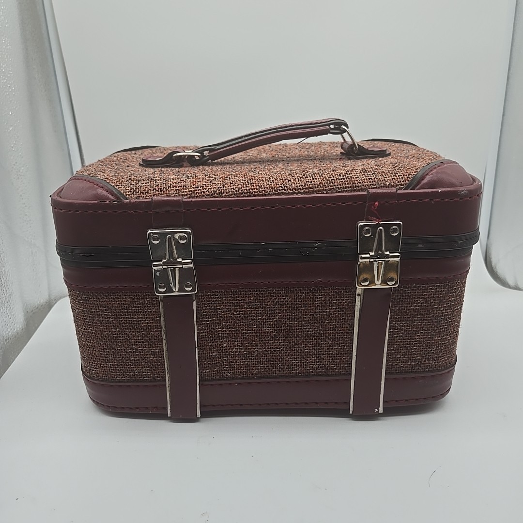 Vintage Train Case Burgundy Tweed with Tray & Mirror 12.5 X 8 X 7.5 Unbranded