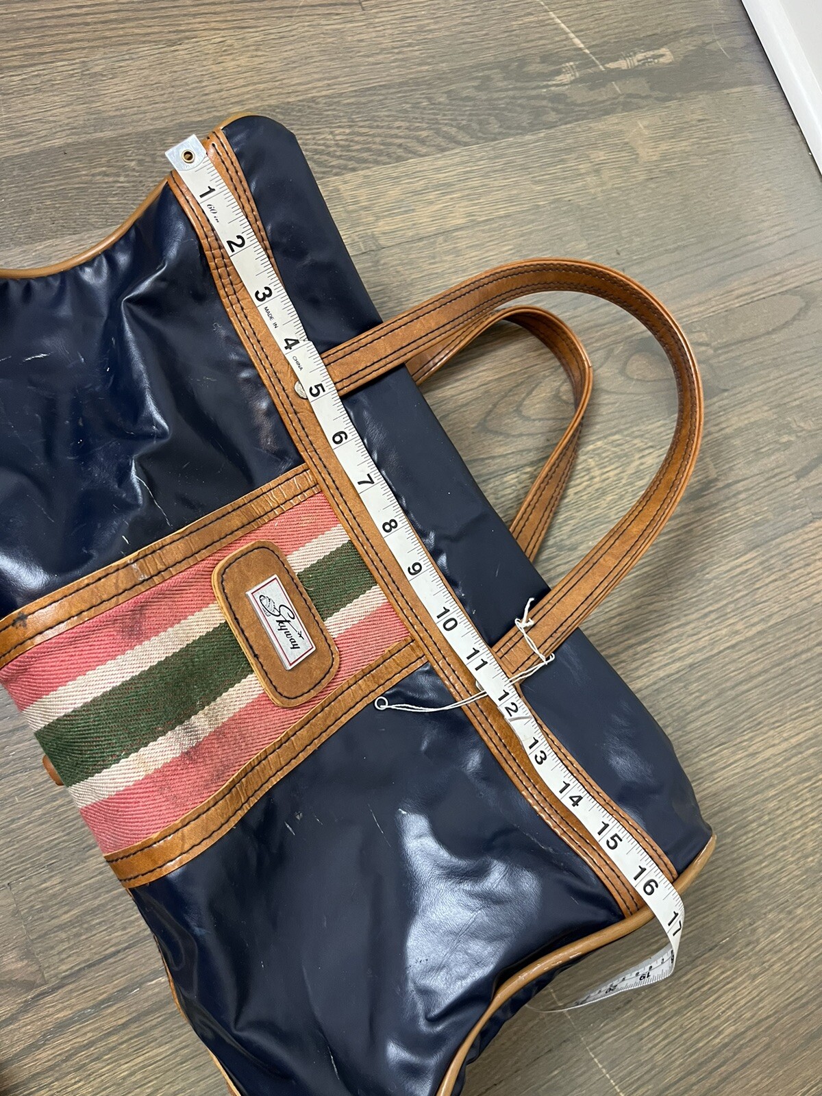 Vintage Skyway Luggage Duffle Bag Navy Blue Plastic Brown Trim Striped Canvas