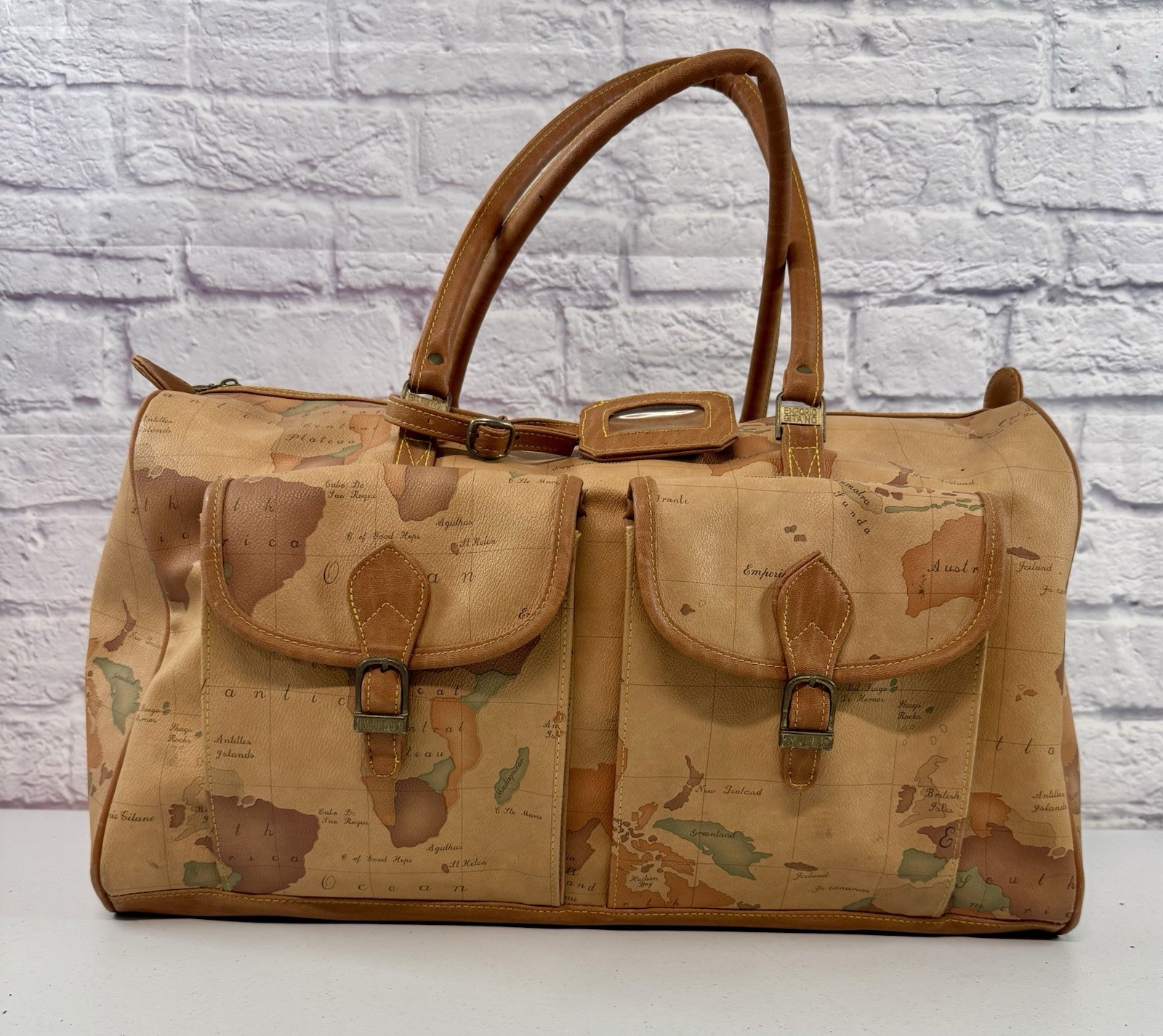 Vintage 80s 90s Gitano Duffel Bag World Map Travel Beige 19” Carryon Luggage Tag