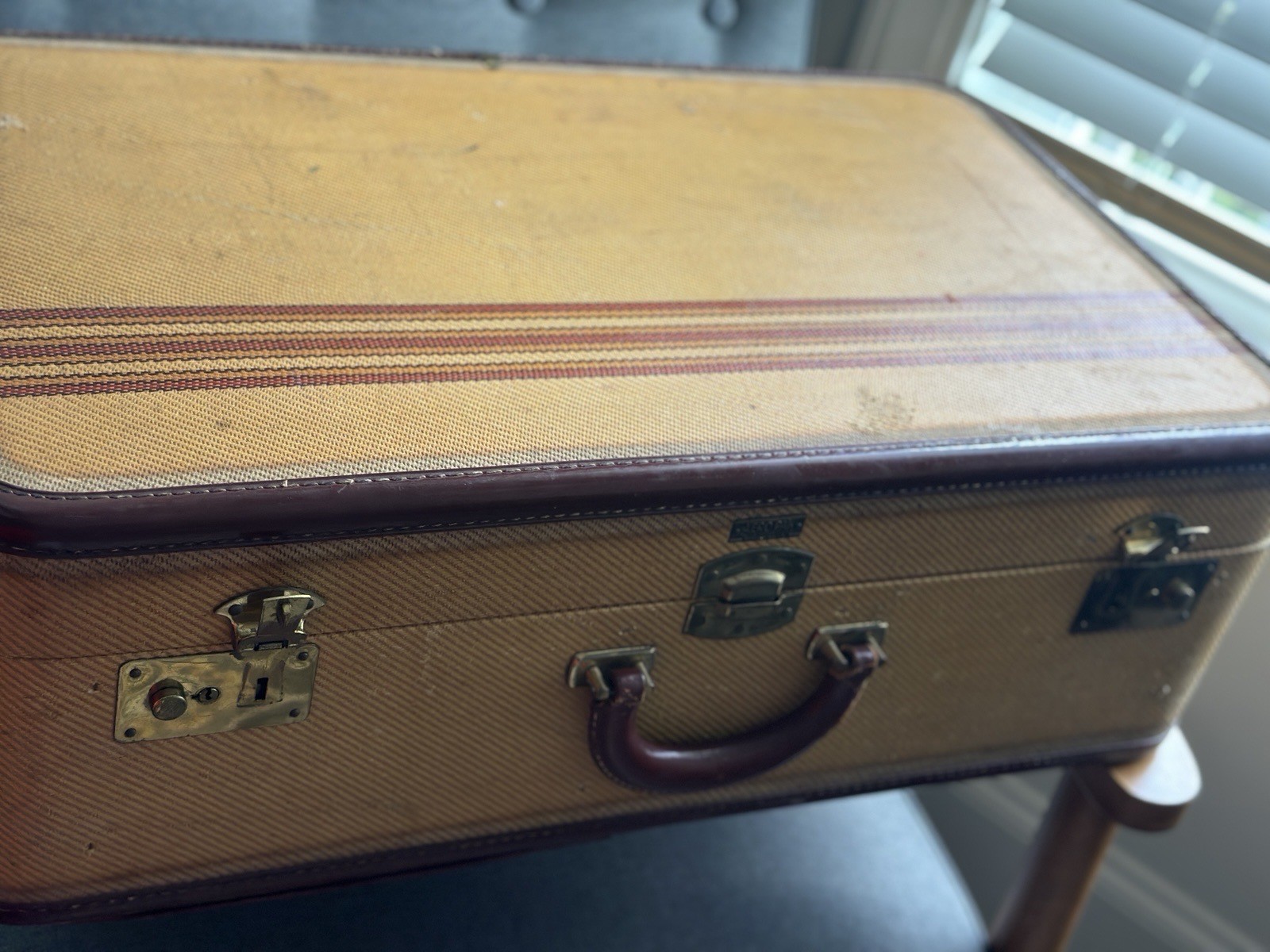 Vintage MCM Jet Age Leather Canvas & Brass Aero Pak PRESTO Modern Suitcase w/Key
